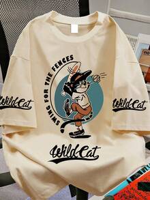 Teenage Boys' Cool Wildcat Baseball Print Soft Fabric Short Sleeve T-Shirt, Casual Sportswear, Spring/Summer, Teenage Boys Tops - Apricot - View 3