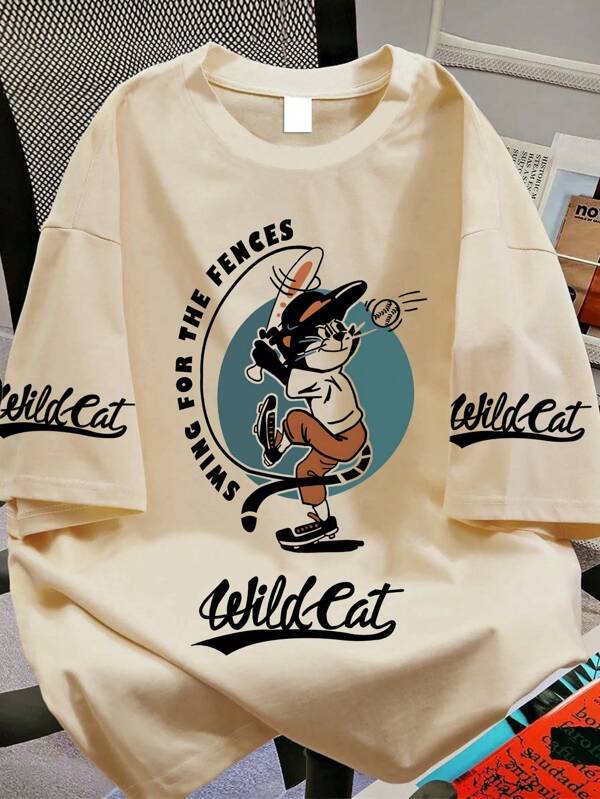 Teen Boys Cool Wild Cat Baseball Print, Short Sleeve Soft Fabric Cool Tee, Casual Sports Wear Spring Summer, Teen Boys Tops