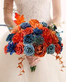 Artificial Flowers Combo, Champagne Silk Roses, Peonies, Dahlias With Stems For DIY Wedding Bouquets, Baby Shower, Table Centerpieces, Home Decor, Fake Floral Arrangements, Party Decorations - 藍綠色和皇家藍色和橙色 - 查看 5