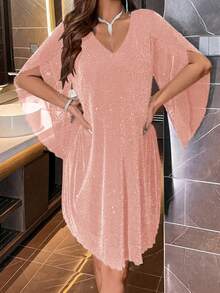 Women's Fashionable Party Cloak Sleeve Sequin Dress - Pink - View 4