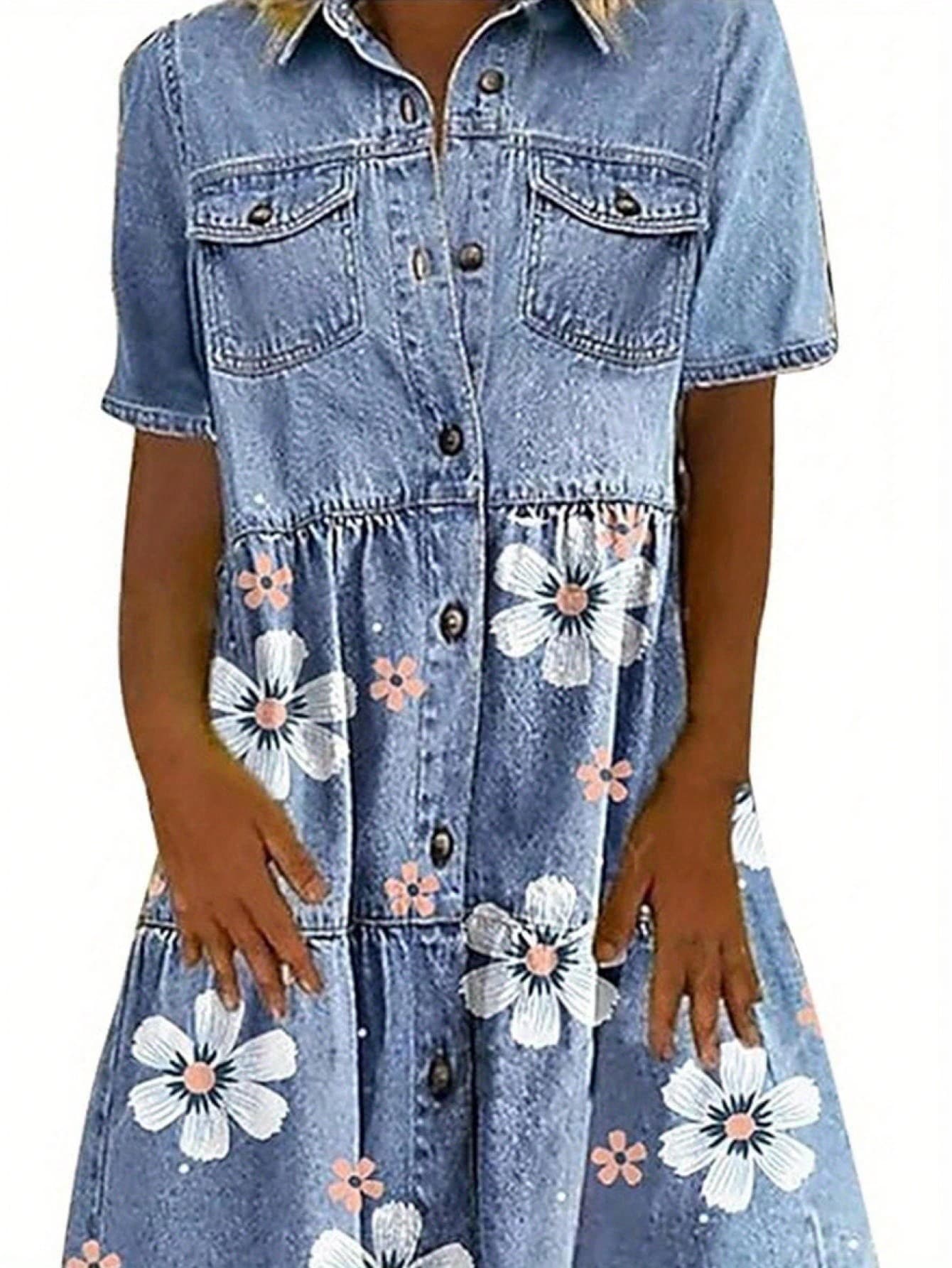 Women's Plus Size Denim Dress Short Sleeve Turn Down Collar Button Front Loose Swing Jean Dress - 花色 - 查看 1