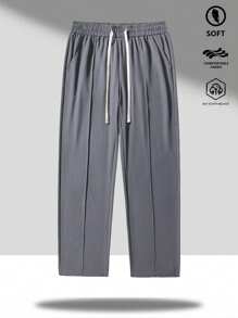 Men's Solid Color Loose-Fit Ice Silk Pants, Classic Straight-Leg Casual Pants With Drawstring Waist For Daily Wear