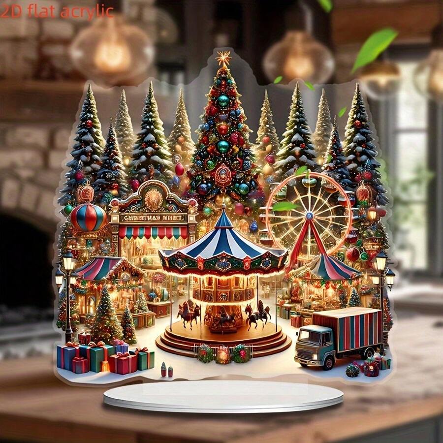 2D Flat, 2D Flat Acrylic - Bohemian Style Christmas Winter Wonderland Carousel Scene, Multifunctional Holiday Decor Suitable For Home, Office Or Gift, No Electricity Required, Lightweight Durable Acrylic Craftsmanship, Office Christmas Ornaments