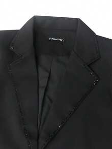 Elegant High-Waisted Collar Rhinestone-Embellished Blazer - Black - View 4
