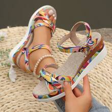 Women's Floral Print Platform Wedge Sandals, With Adjustable Ankle Strap And Buckle - Breathable Fabric Upper, Padded PU Sole - Women Summer Casual Beach Shoes, Beach Sandals, Chunky Platform Shoes, PU Sole Sandals, Ladies Casual Sandals - Multicolor - View 3