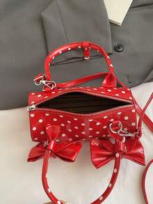 Stylish Red Handbag With Cute Bow & Polka Dot Pattern, Round Cylinder Shaped Crossbody Bag, Boston Pillow Bag, Phone Pouch, Fashionable & Defined For Women, Suitable For Party, Shopping, Dating, Gift - Red - View 11