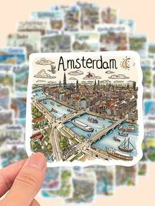 50 pièces Autocollants de carte de voyage peints à la main, autocollants de paysages artistiques minimalistes et créatifs, convenant pour les cahiers, sacs à main, casques, motos, coques de téléphone, planches de skate, guitares - Décorations de Noël et d'Halloween et autocollants cadeaux pour les fêtes - Multicolore - Voir 8