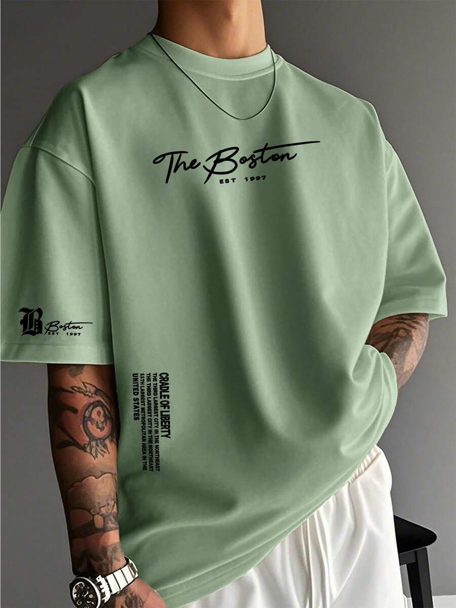 Men's Round Neck Dropped Shoulder Casual Letter Print T-Shirt, Summer - Green - View 1