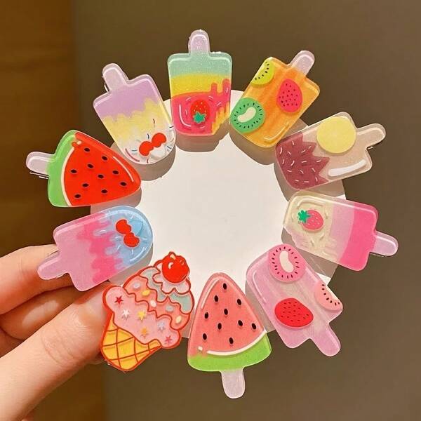10pcs Tiny Ice Cream Design Hair Clips, Creative Snack Hair Accessories, Side Bangs & Short Hair Clips, Spring/Summer, Back To School ,Flat Claw Clip, Clips For Hair, Hair Slide, Hair Claws