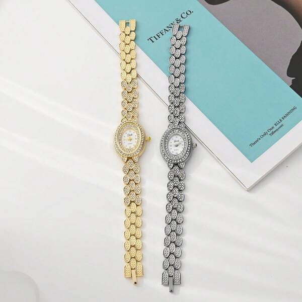 ساعة موضة أنيقة للنساء، بتصميم قرص بيضاوي، بينة بلمعان الراين، أنيقة وكريمة للمواعيد، العمل والهدايا قطعة واحدة