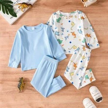 Bộ quần áo thun dài tay in hình khủng long/màu trơn mùa thu cho bé trai, phong cách giản dị, phong cách đi học - Nhiều màu - Xem 4