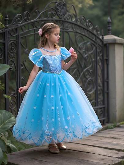 Sequin Snowflake Princess Dress For School Stage Party, Includes Cape, Excludes Headband