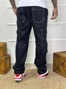 Black Cargo Pants Contrast Side Pockets Elastic Waist Black White Stitching Skater Street - đường trắng - Xem 3