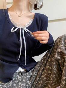 韩版纯色蕾丝拼布单排扣长袖打底T恤女上衣，图案随意裁剪 - 藏蓝色 - 查看 4