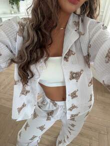 Nina Bonheur 2 件套女士宽松开衫纽扣熊印花长袖 + 松紧腰裤睡衣套装，可爱家居服 - 白色 - 查看 3