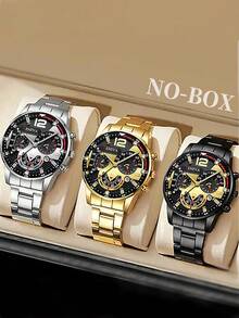3pcs/Set Men Fashion Three-Eye Numeral Scale Quartz Wrist Watch With Steel Strap - Gold - View 1