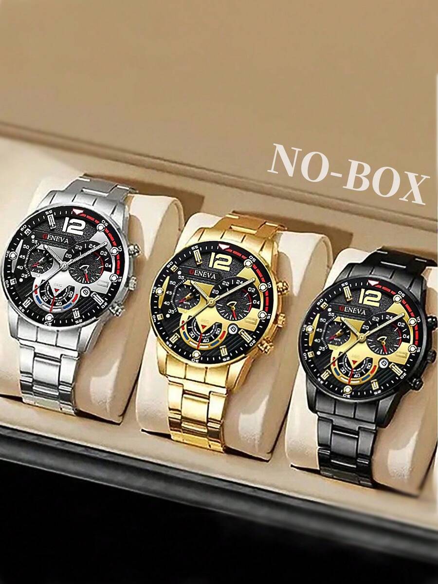 3pcs/Set Men Fashion Three-Eye Numeral Scale Quartz Wrist Watch With Steel Strap - Gold - View 1