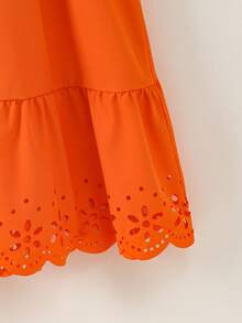 Tween Girls' Solid Color Shirred Floral Ruffle Hem Casual Dress - Orange - View 4