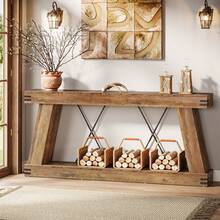 LITTLE TREE 70.9" Farmhouse Console Table, Long Rustic Sofa Table Behind Couch With Storage, Narrow Wooden Entryway Table For Hallway, Living Room & Foyer, Industrial Brown Wood Finish - 棕色 - 查看 7