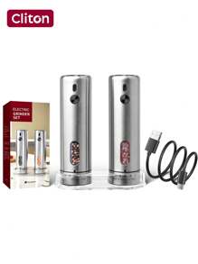 CLITON Zestaw młynków do pieprzu i soli ze stali nierdzewnej z akumulatorem USB-C - światło LED, zewnętrzna regulacja grubości, 110 ml, 300 mAh - idealny prezent na Boże Narodzenie, Ramadan, Eid i Diwali | Prezent do kuchni i na Nowy Rok | (zestaw podstawowy pojedynczy lub 2 w 1)