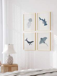 4 Pieces Ocean Wonders Wall Pictures Whale Shark Jellyfish Stingray Canvas Posters Summer Coastal Decor Hanging Paintings Nautical Themed Room Posters Kids Room Bedroom Wall Decoration No Frame