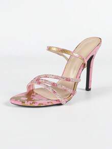 Women's Round Toe Solid Color Rhinestone Decor Ankle Strap Peep Toe Stiletto High Heel Sandals, Elegant & Fashionable For Party & Formal Occasions, Pink - Pink - View 7
