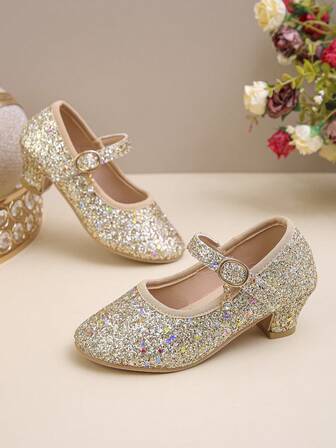 1 par flickskor med färgglada paljetter och kardborreband, eleganta och livliga små höga klackar, dansskor, prinsessskor, festskor, lämpliga att bära året runt, bäst lämpade som barnpresent och julklapp