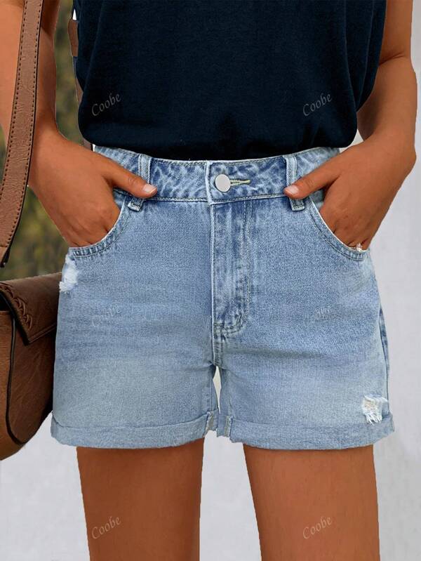 Fashionable Casual Collegiate Style Women Wide-Leg Cuffed Distressed Denim Shorts, Summer
