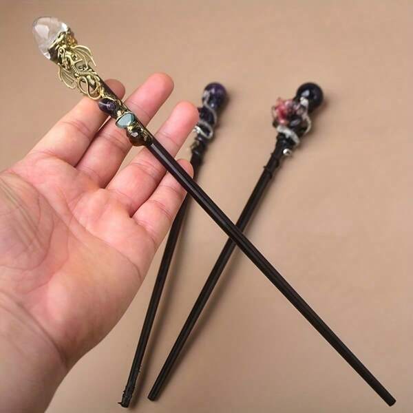 Exquisite Handmade Natural Crystal Magic Wand - Elegant Wooden Witch Scepter, Halloween Christmas Cosplay Prop, Photoshoot & Stage Accessory, Crystal-Embedded Wizard Staff With Interlocking Design