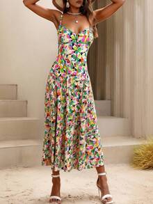 Vestido sexy para vacaciones de playa de verano tirantes delgados corte ajustado en cintura bajo recto abertura lateral posterior cintas delgadas ajustables ideal para evento boda coctel día noche calor primavera verano Estampado Integral  floral Bohemio    Espalda al aire  Bajo con volante    Playa - Verde con rosa - Ver 1