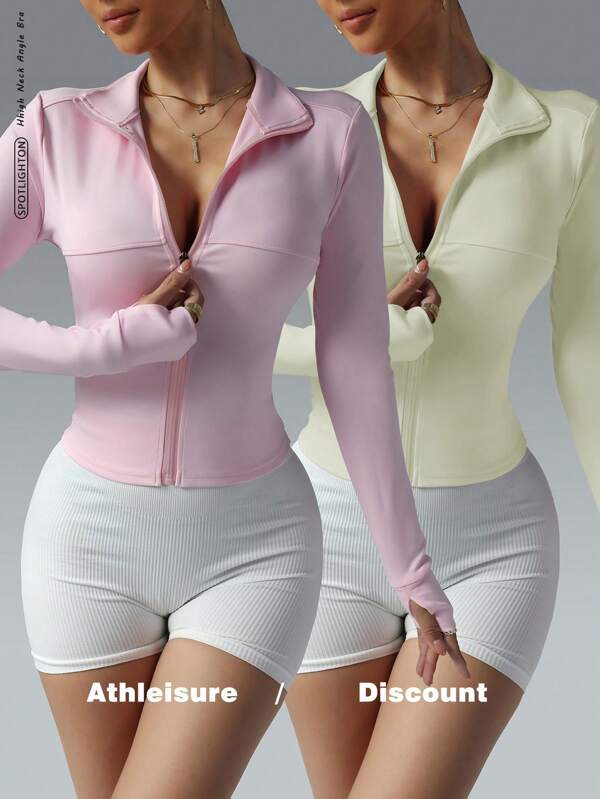 FWH Women's Slim-Fit Workout Running Sports Zip-Up Stretchy Casual Tummy-Control Soft Style Minimalist Elegant , Highly Attractive Combo, Contrast Panels, Running-To-Street Wear, Fashionable & Sexy Tight-Fit Long-Sleeve Yoga Jacket