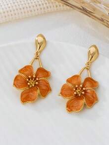 1 paire de boucles d'oreilles pendantes fleurs à 5 pétales en forme de goutte d'huile orange, élégantes et chics pour l'été. Convient pour le port quotidien, les rendez-vous, les voyages et les vacances, facilement assorties.