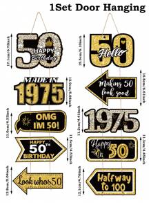 1 Set Banner de puerta para fiesta de cumpleaños 50th negro y dorado, Pancarta colgante de cumpleaños vintage 1975, Decoración de aniversario, Decoración de fondo, Decoraciones de cumpleaños 50 años, Decoraciones colgantes de puerta, Decoraciones de fondo para fotos, Artículos para fiestas