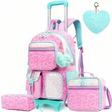 Conjunto de 3 Mochilas com Rodinhas para Meninas, Multibolsos com Estampa de Estrelas e Corações, Ideal para Meninas, Ótima Opção de Presente para Meninas - Coração com vários bolsos e estrela de cinco pontas - Ver 16