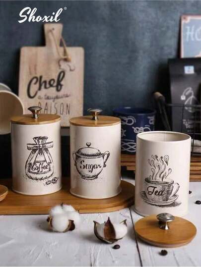 shoxil 3pcs Coffee, Sugar, Tea Canister Set With Airtight Bamboo Lid, Metal Leak-Proof Jars, Space-Saving Sealed Cans, Vintage Kitchen Container For Food Storage