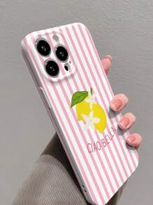 1 pièce Étui de téléphone rigide avec motif floral de citron à rayures minimaliste, perforé et brillant. Convient pour 11/12/13/14/15/16 Pro Max