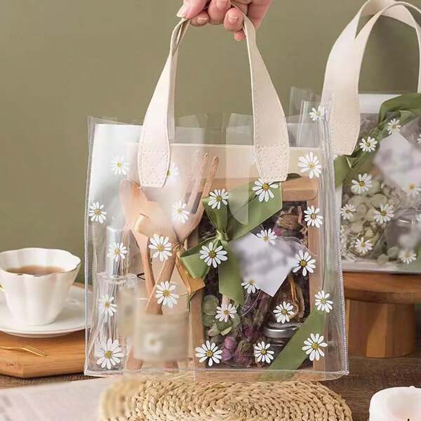 2 Pcs Clear Gift Wrap Bag With Handles, Bridesmaid Gift Bags Cute Daisy Flower Reusable Transparent Party Favor Bag, Transparent PVC Shopping Tote Bags, For Wedding Birthday Party Supplies