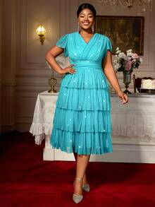 女式蛋糕连衣裙 褶皱 V 领高腰闪亮带衬里派对活动加大码女士礼服