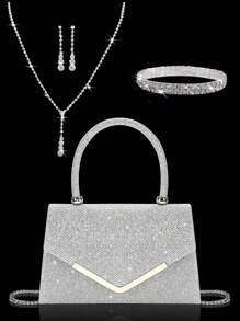Elegante y encantadora cartera con solapa de strass brillante, bolso de noche exquisito para mujeres, combinado con un set de 3 piezas de joyería de strass brillante que incluye un collar, pulsera y aretes de strass de lujo y exquisitos. Adecuado para vestidos de boda, fiesta, graduación. Perfecto para mujer en fiestas, bodas, cenas y banquetes.