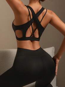1pc Women's Solid Color Comfortable Sports Bra With Cutout Back
