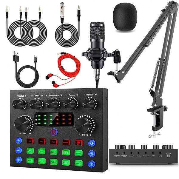 Live Broadcast Quipment Podcast Gaming Audio Mixer V8S Live Sound Card ,Bluetooth Audio DJ Mixer With Microphone Set Device For Mixer Recording Studio Smartphone Live Streaming Content Create(Built-In 18650 Battery (Built-In 500mAh Battery)