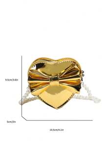 Holographic Pearl Strap Crossbody Bag With Bow & Heart Design, Girls Shoulder Bag