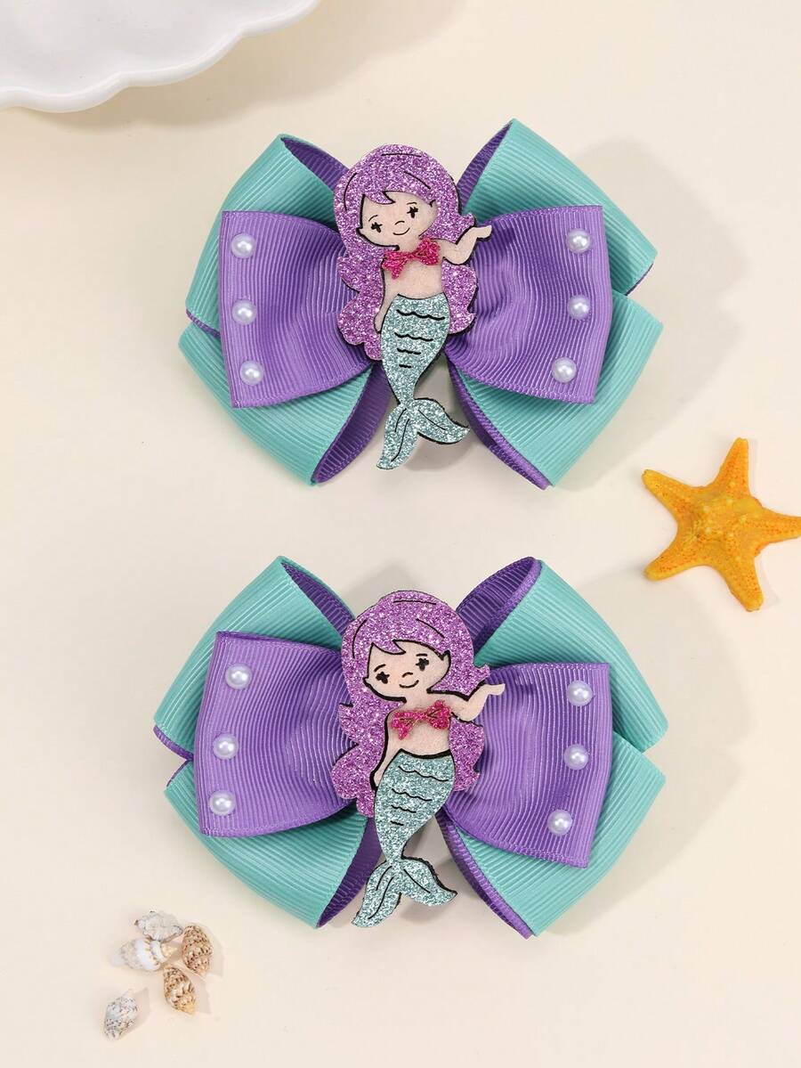 2pcs Mermaid Style Hair Clips For Girls, Ribbon Hair Accessories For Beach Vacation, Suitable For Teenagers - Multicolor - View 1