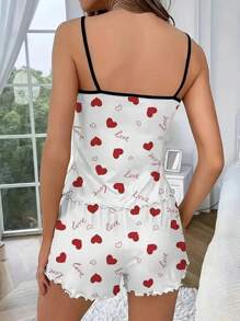 Women Heart & Letter Print Sleepwear Set, Lovely & Sexy Round Neck Backless Cami, Elastic Shorts, Casual Home Wear, 2Pcs Set, Spring/Summer