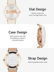 Coach 佩里 (Perry) 女士石英腕表，米色皮革表带，优雅女士标志性马车标志表盘，防水深度 3 ATM/30 米，适合女性