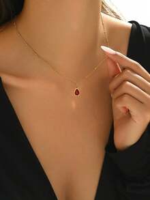 1pc Women's Stainless Steel Water Drop Shape Red Pendant Necklace, Fashion Jewelry - Red - View 3