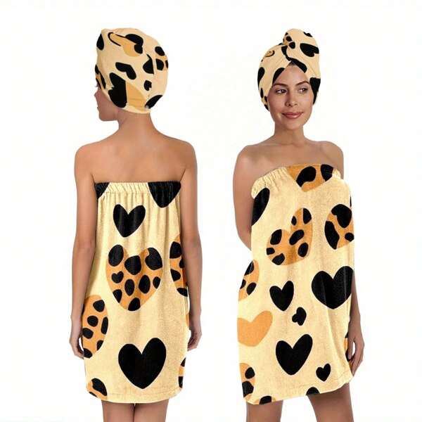 2pcs/Set Women's Bath Skirt And Shower Cap Set Super Soft Adjustable Ladies' Bathrobe - Multifunctional Wearable Towel Dress, Multi Style Heart-Shaped Printed Patterns,Absorbent Bath Towel Home Sexy Strapless Bath Skirt, Dry Hair Cap Set,Suitable For Bathroom,Shower, Spa, Sauna And Beach