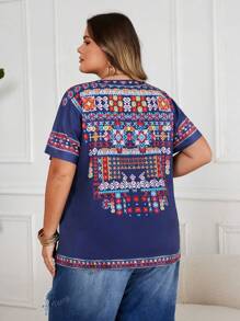 Plus Size Women Navy Blue Woven Graphic Print Batwing Sleeve V-Neck Drawstring Tassel Loose Pullover Top