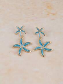 Fashionable Exaggerated Personalized Resort Style Starfish & Five-Petal Flower Women Earrings, Turquoise Five-Pointed Star Earrings Suitable For Resort Wear