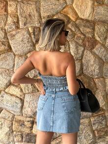 The lemon 3010 cor media# conjunto Denim feminina blusa com saia cropped top Denim com brilho p38 m40 g42 3010 Festa junina - Lavagem clara - Visão 5